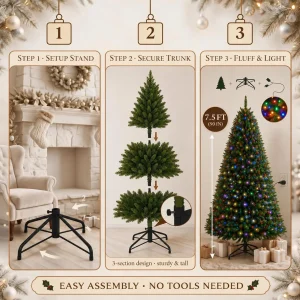 Pre-Lit Artificial Christmas Tree – 6FT & 7.5FT with Colorful LED Lights - Thumbnail Image 4