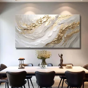 White & Gold Canvas Wall Art – Modern Abstract Textured Wave Design - Thumbnail Image 4