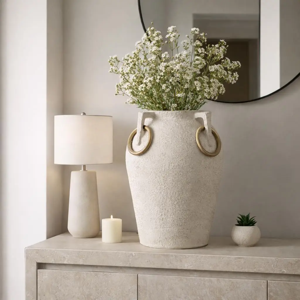 Large Rustic Pottery Floor Vase – 26-Inch Textured Ivory & Tan Vase with Mango Wood Ring Handles - Image 3