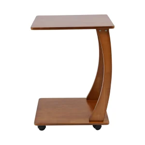 Light Walnut C-Shaped Side Table with Rolling Casters – Solid Wood Sofa Accent Table - Thumbnail Image 6