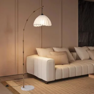 Wabi-Sabi Bamboo Arched Floor Lamp – Modern Pleated Shade with Marble Base & 3-Color LED Lighting - Thumbnail Image 2