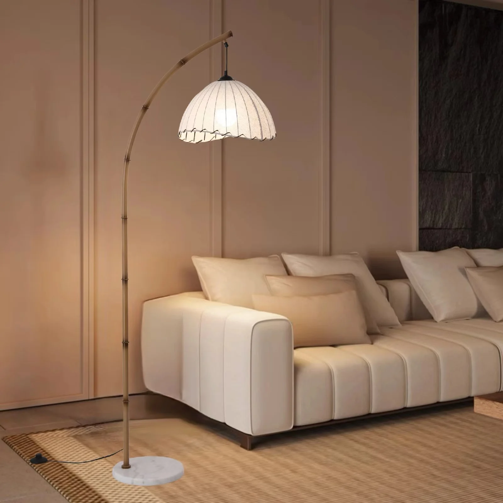Wabi-Sabi Bamboo Arched Floor Lamp – Modern Pleated Shade with Marble Base & 3-Color LED Lighting - Image 2