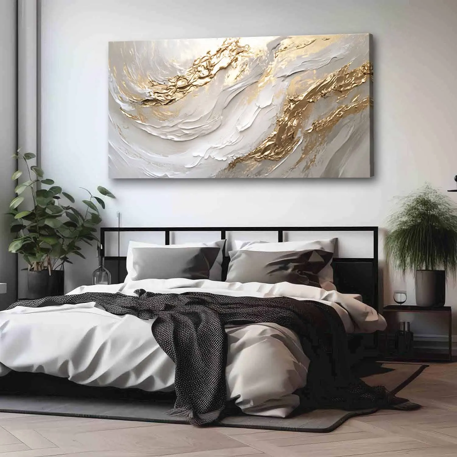 White & Gold Canvas Wall Art – Modern Abstract Textured Wave Design - Image 5