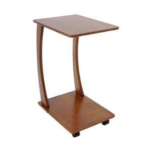 Light Walnut C-Shaped Side Table with Rolling Casters – Solid Wood Sofa Accent Table - Thumbnail Image 5