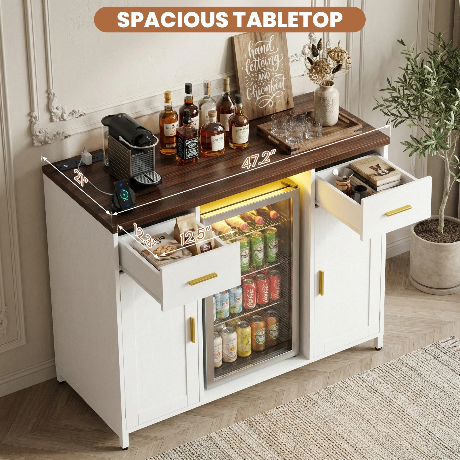 Aheaplus 47.2" Coffee Bar Cabinet with Mini Fridge Space & Power Outlet - Image 5