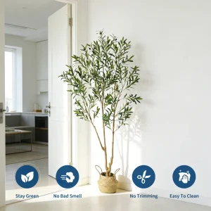 6FT Artificial Olive Tree with Woven Basket – Realistic Faux Floor Plant - Thumbnail Image 4