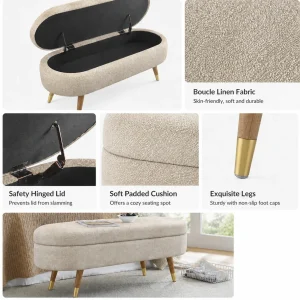 43.5" Bouclé Storage Bench – Elegant Oval Upholstered Ottoman with Hidden Storage - Thumbnail Image 3