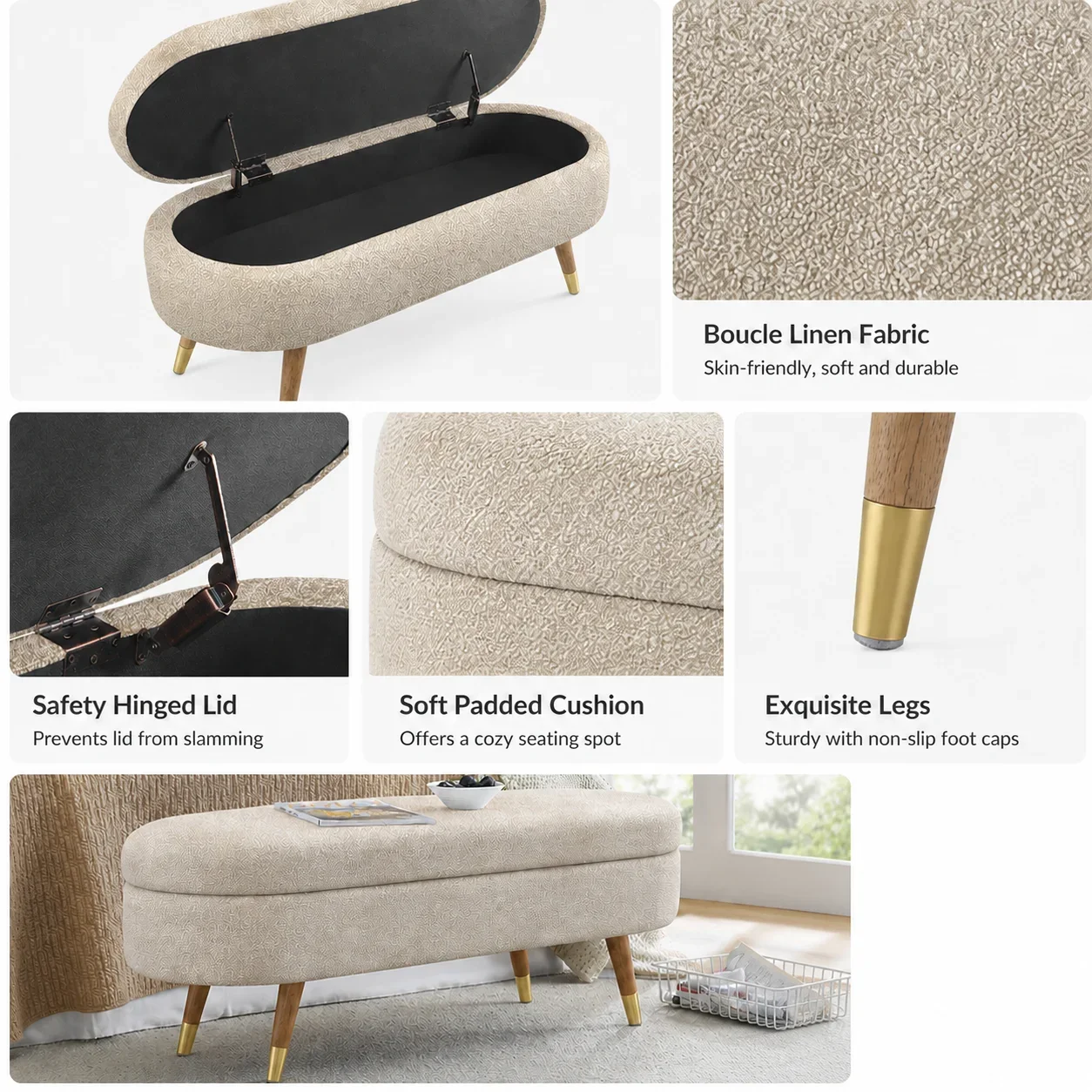 43.5" Bouclé Storage Bench – Elegant Oval Upholstered Ottoman with Hidden Storage - Image 3