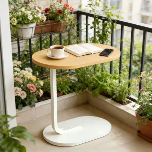 Modern C-Shaped Side Table – Compact Sofa Table with Oval Wood Top & Metal Frame - Thumbnail Image 6