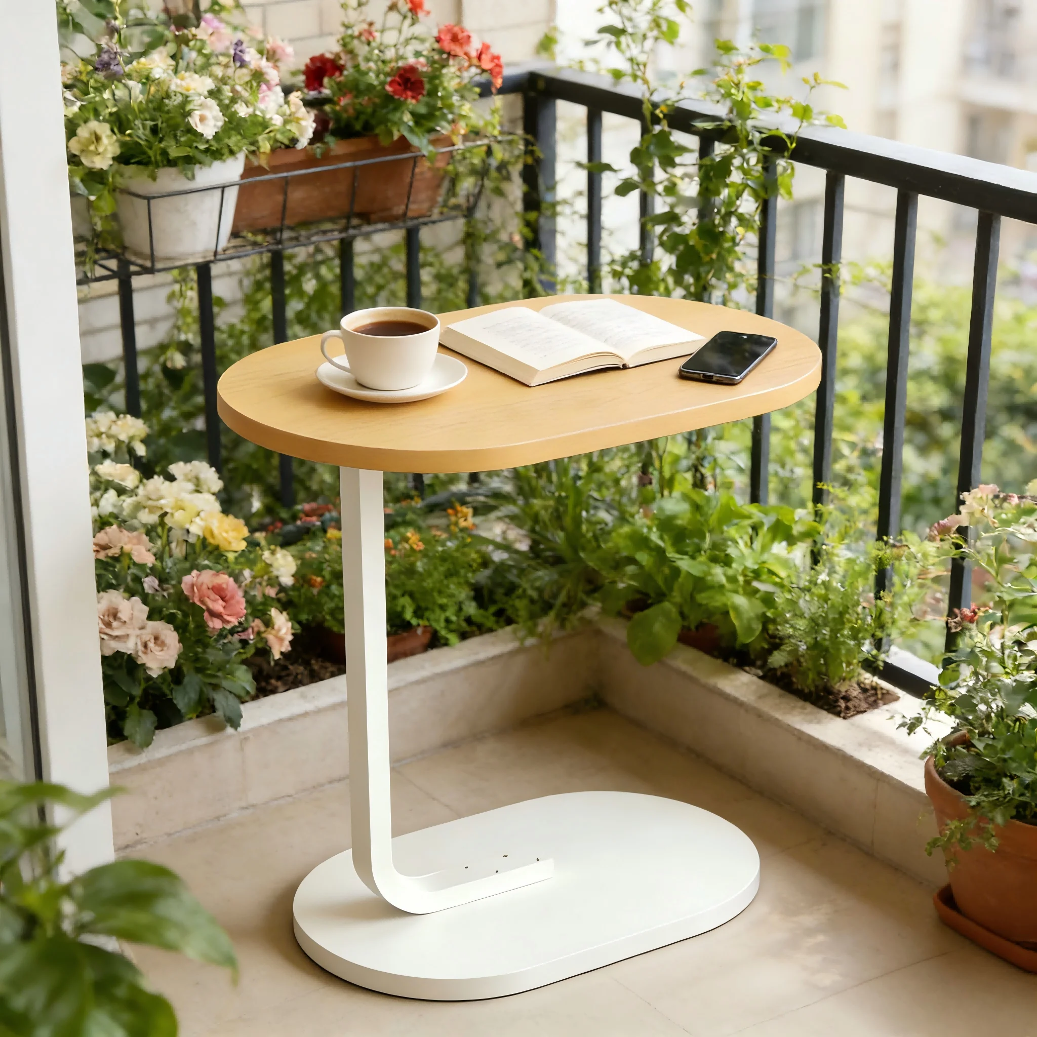 Modern C-Shaped Side Table – Compact Sofa Table with Oval Wood Top & Metal Frame - Image 6