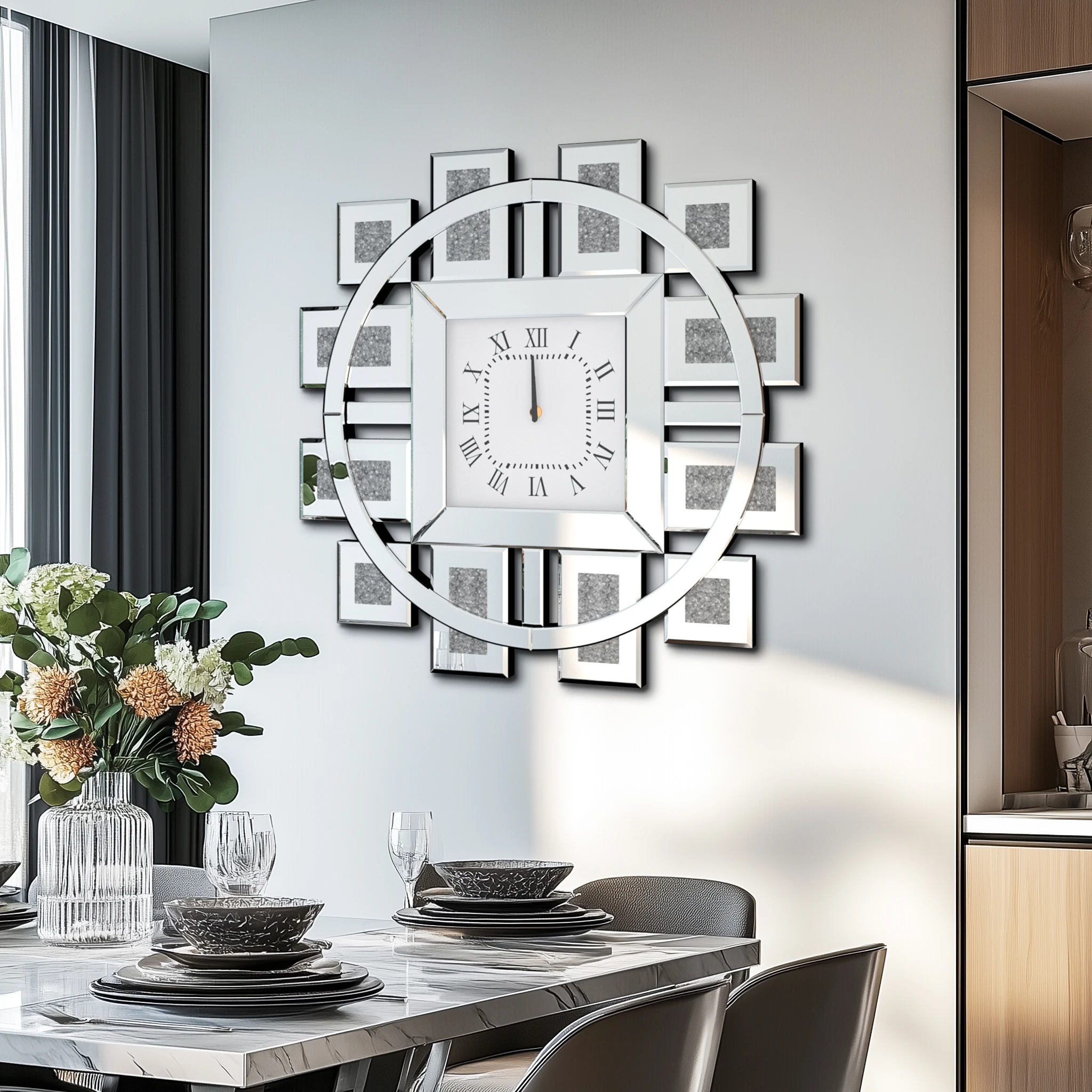 Elegant 24" Crushed Diamond Wall Clock – Silver Mirror Finish - Image 5