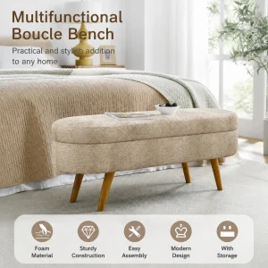 43.5" Bouclé Storage Bench – Elegant Oval Upholstered Ottoman with Hidden Storage - Thumbnail Image 4