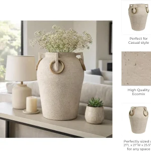 Large Rustic Pottery Floor Vase – 26-Inch Textured Ivory & Tan Vase with Mango Wood Ring Handles - Thumbnail Image 5