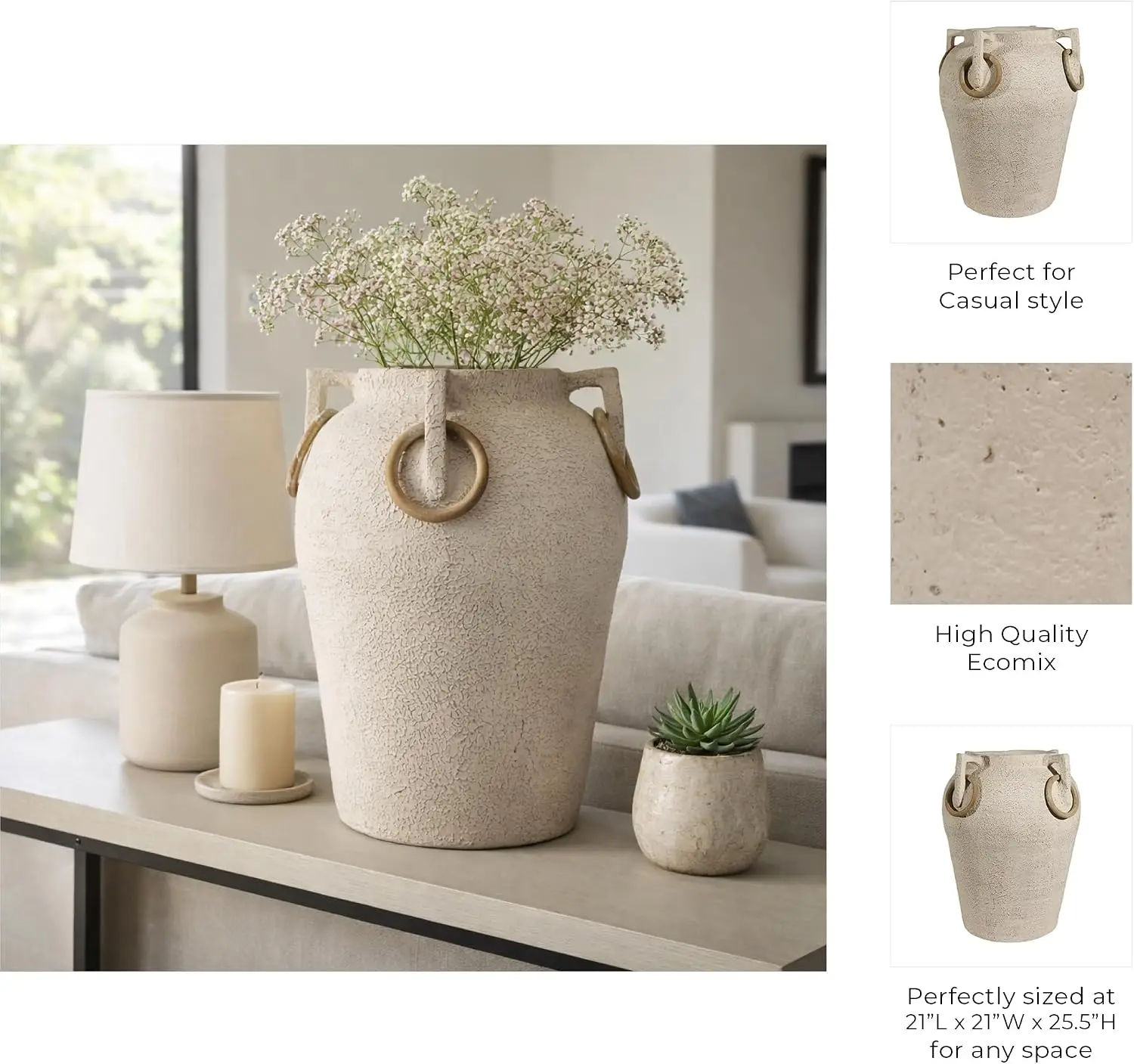 Large Rustic Pottery Floor Vase – 26-Inch Textured Ivory & Tan Vase with Mango Wood Ring Handles - Image 5