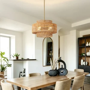 17.7" 4-Light Woven Rattan-Look Chandelier – Boho Drum Pendant Light