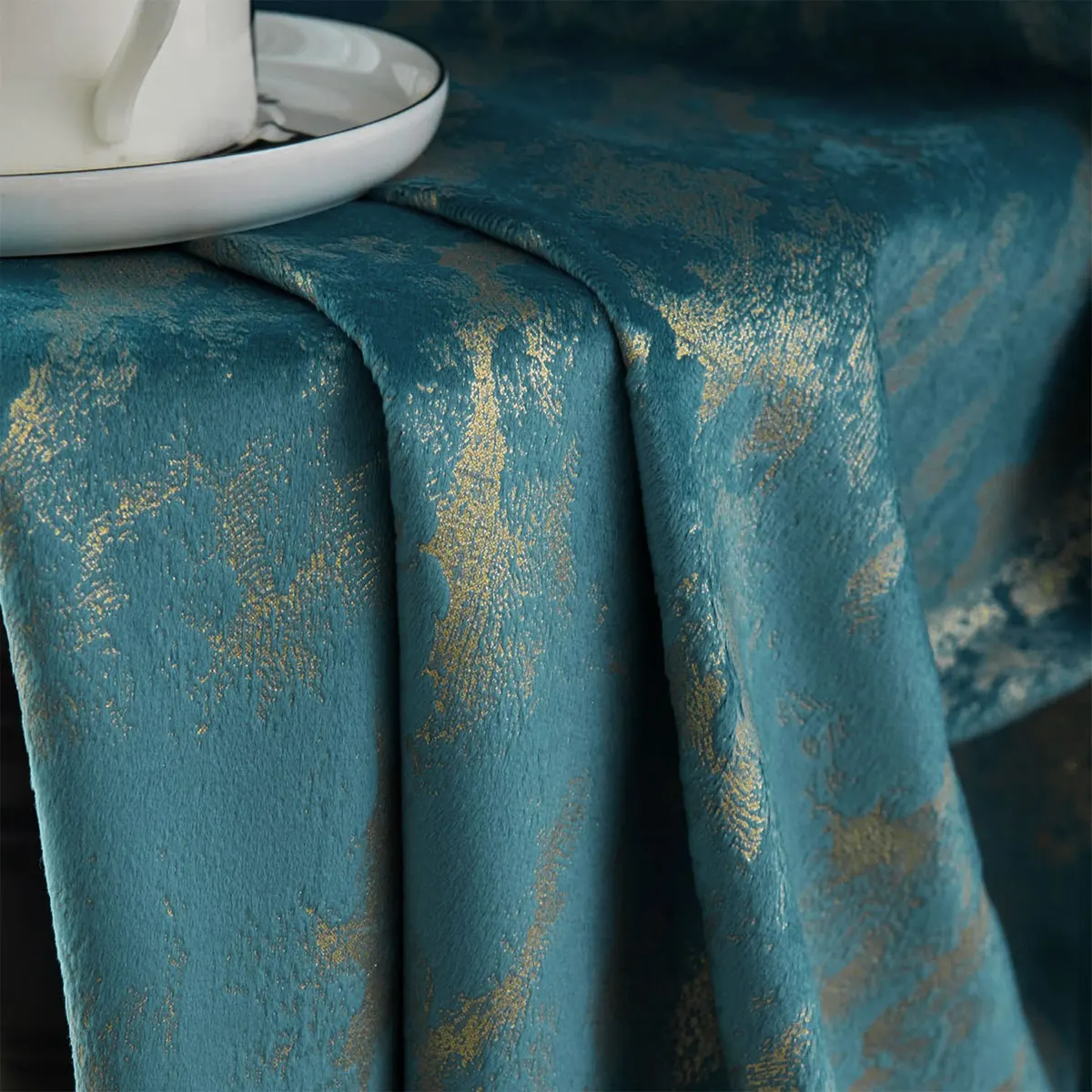 Luxury Teal & Gold Foil Velvet Blackout Curtains – 2-Panel Vintage Window Drapes - Image 6
