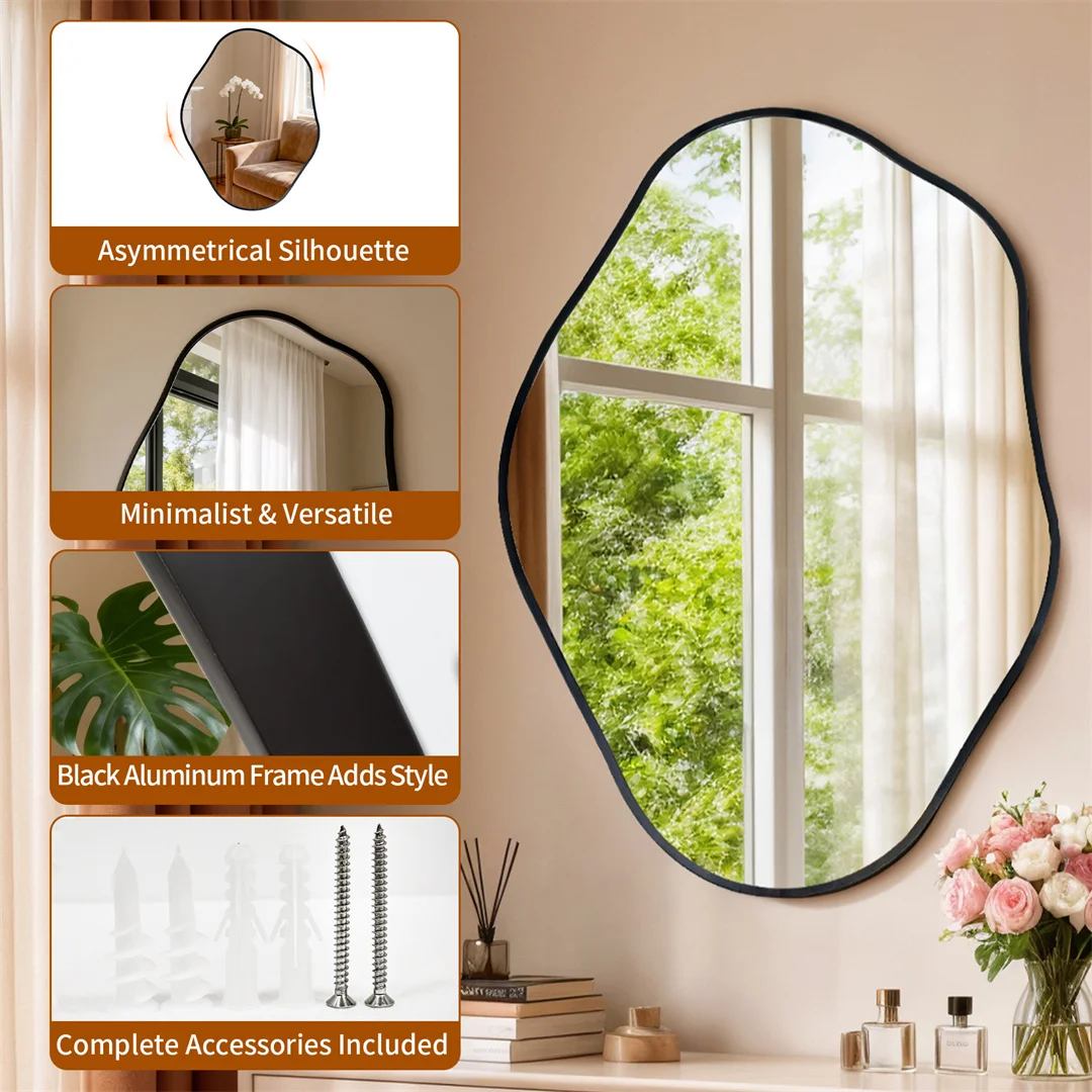 Modern Irregular Wall Mirror – Black Aluminum Frame Asymmetrical Decorative Mirror - Image 7
