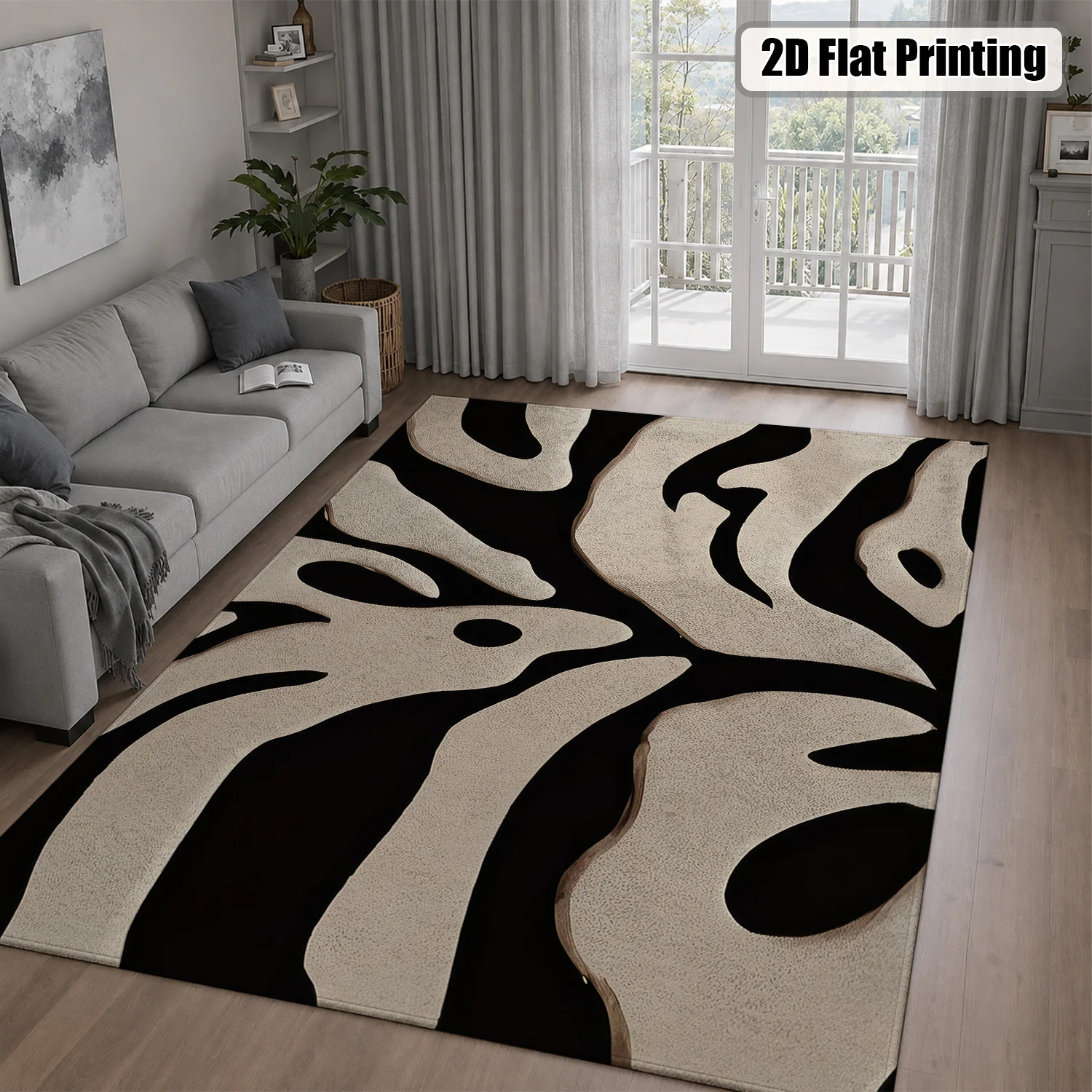 Black & Beige Abstract Leaf Area Rug – Soft Velvet, Non-Slip & Machine Washable - Image 3