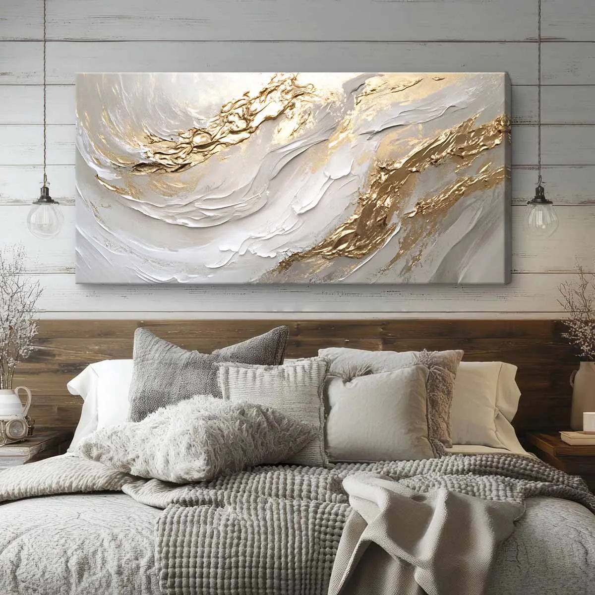 White & Gold Canvas Wall Art – Modern Abstract Textured Wave Design - Image 3