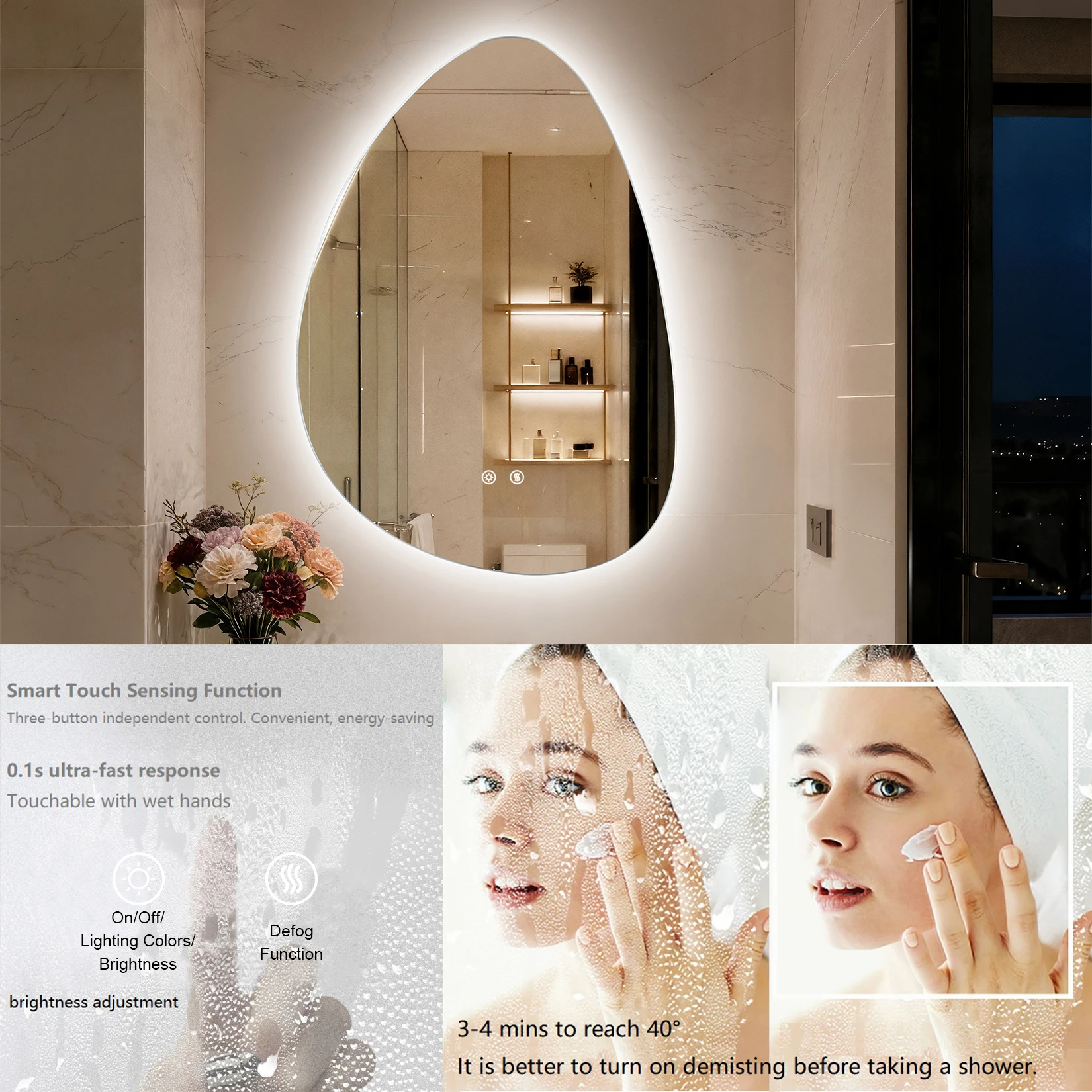 Modern LED Pebble-Shaped Bathroom Mirror – 3-Color Lighting & Anti-Fog Design - Image 6