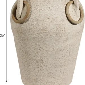 Large Rustic Pottery Floor Vase – 26-Inch Textured Ivory & Tan Vase with Mango Wood Ring Handles - Thumbnail Image 4