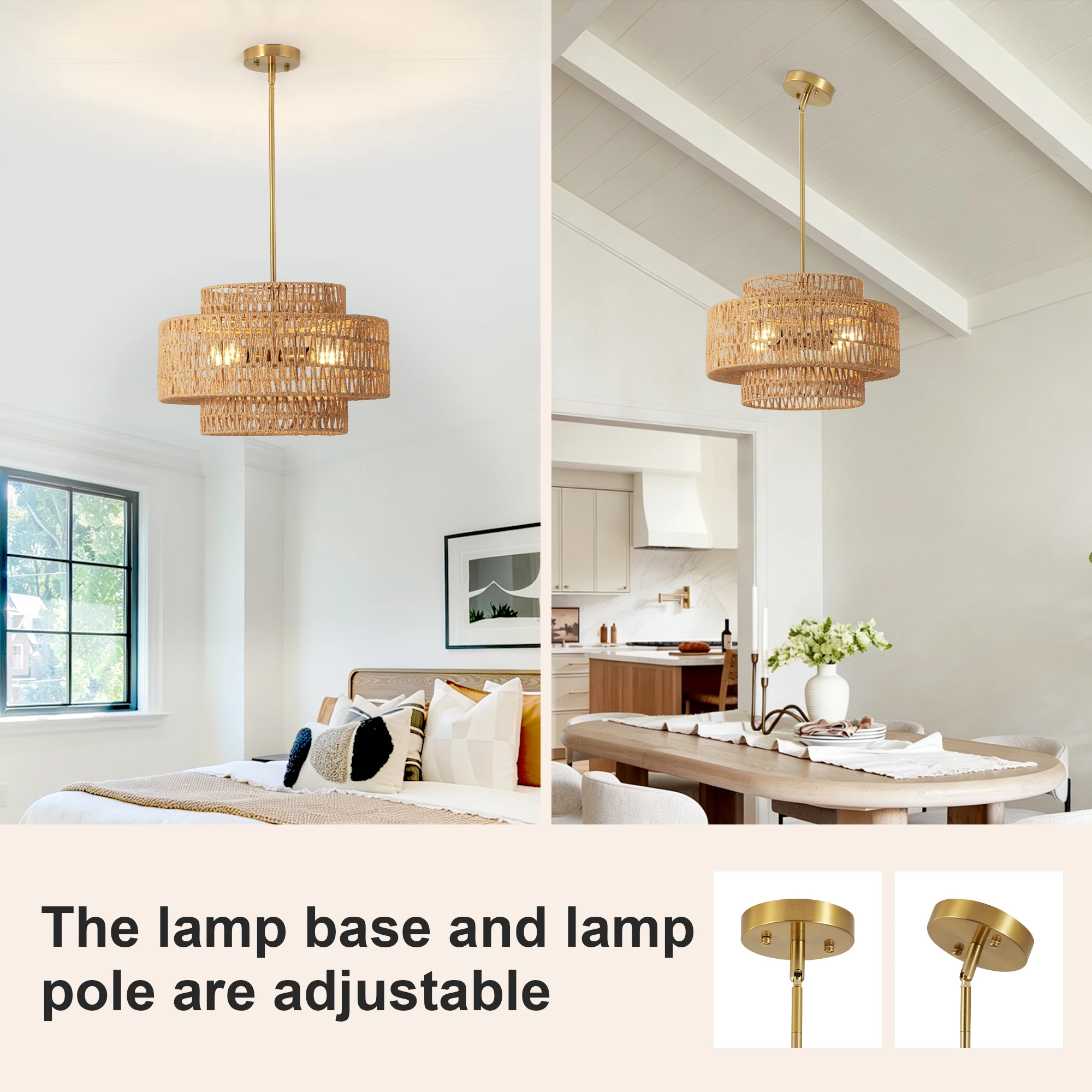 17.7" 4-Light Woven Rattan-Look Chandelier – Boho Drum Pendant Light - Image 5