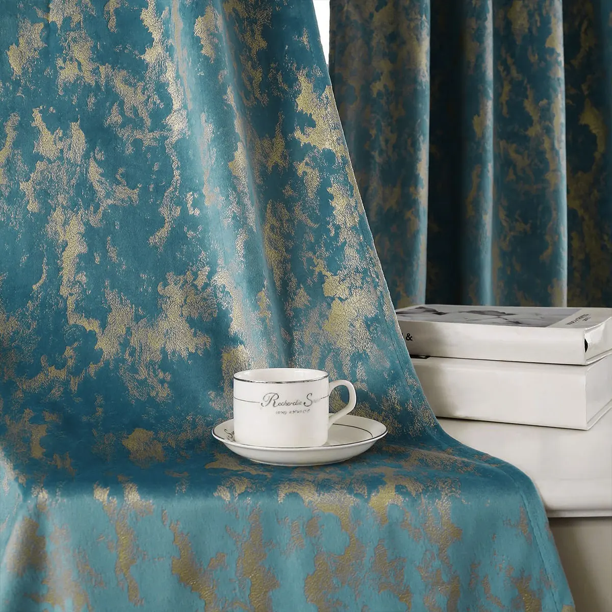 Luxury Teal & Gold Foil Velvet Blackout Curtains – 2-Panel Vintage Window Drapes - Image 5