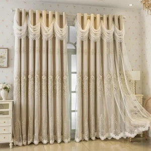 Luxury French Romantic Beige Blackout Curtains – 3D Floral Embroidery & Elegant Lace Valance - Thumbnail Image 5