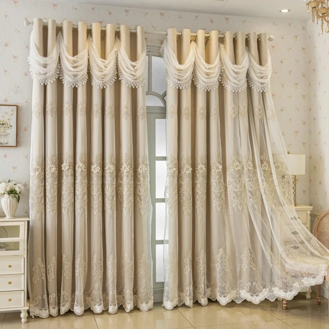 Luxury French Romantic Beige Blackout Curtains – 3D Floral Embroidery & Elegant Lace Valance - Image 5