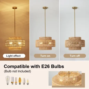 17.7" 4-Light Woven Rattan-Look Chandelier – Boho Drum Pendant Light - Thumbnail Image 6