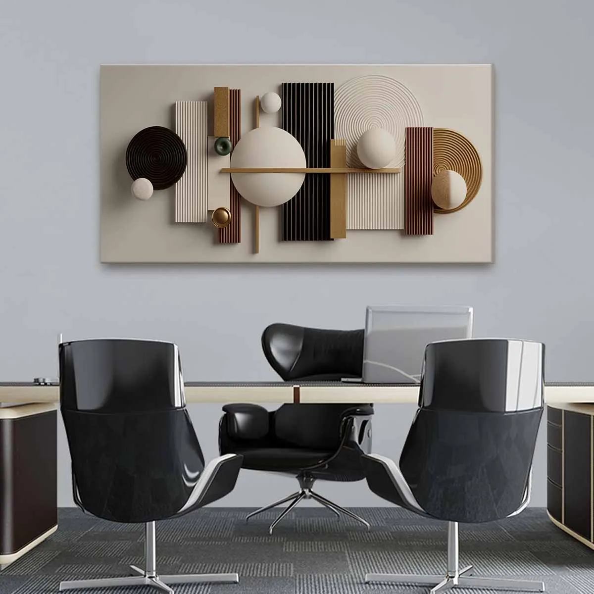Modern Abstract Geometric Wall Art – Beige & Brown 3D-Look Canvas Print - Image 2