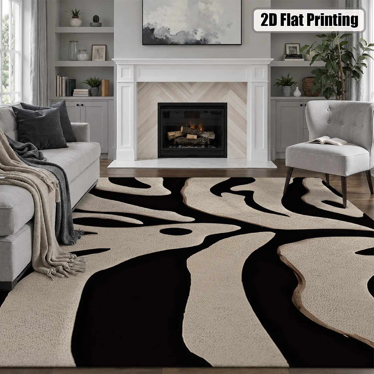 Black & Beige Abstract Leaf Area Rug – Soft Velvet, Non-Slip & Machine Washable - Image 5