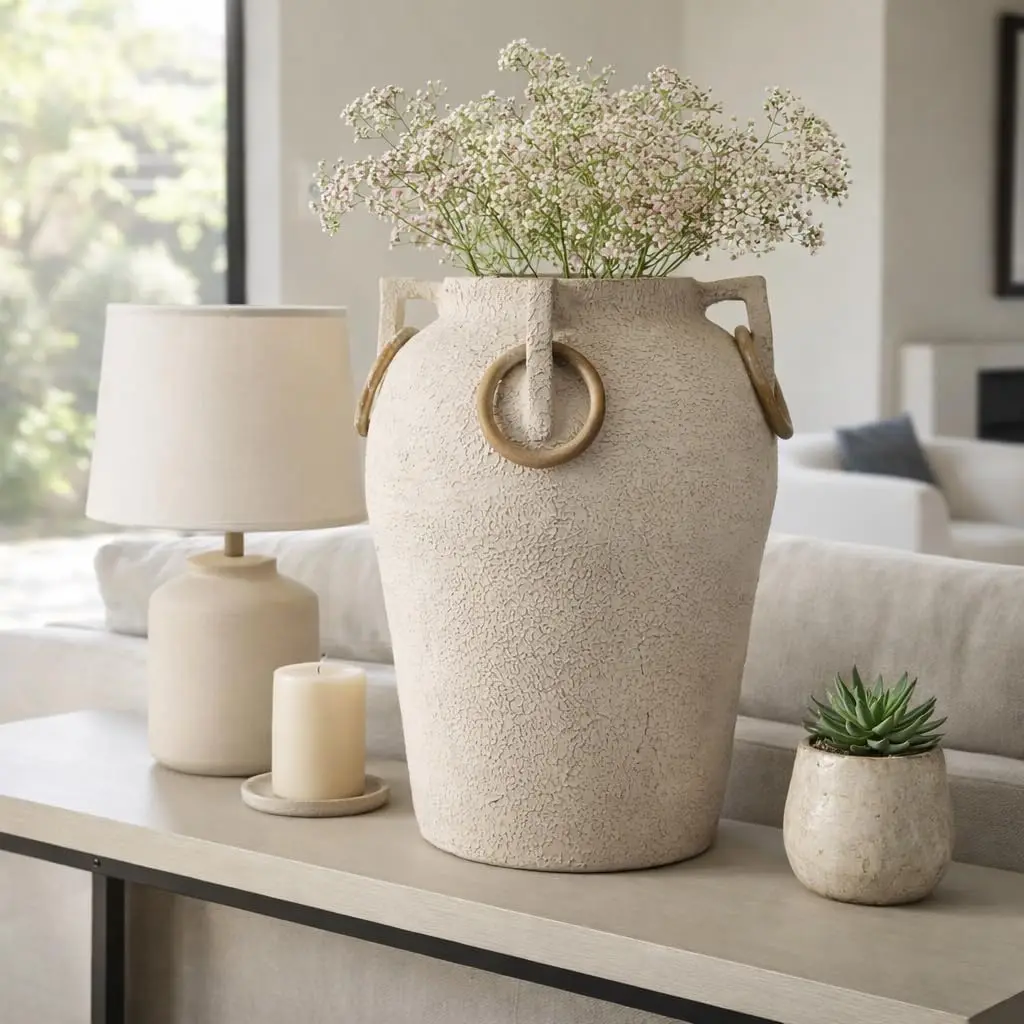 Large Rustic Pottery Floor Vase – 26-Inch Textured Ivory & Tan Vase with Mango Wood Ring Handles - Image 2