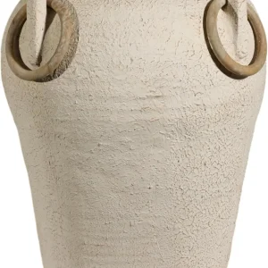 Large Rustic Pottery Floor Vase – 26-Inch Textured Ivory & Tan Vase with Mango Wood Ring Handles - Thumbnail Image 6