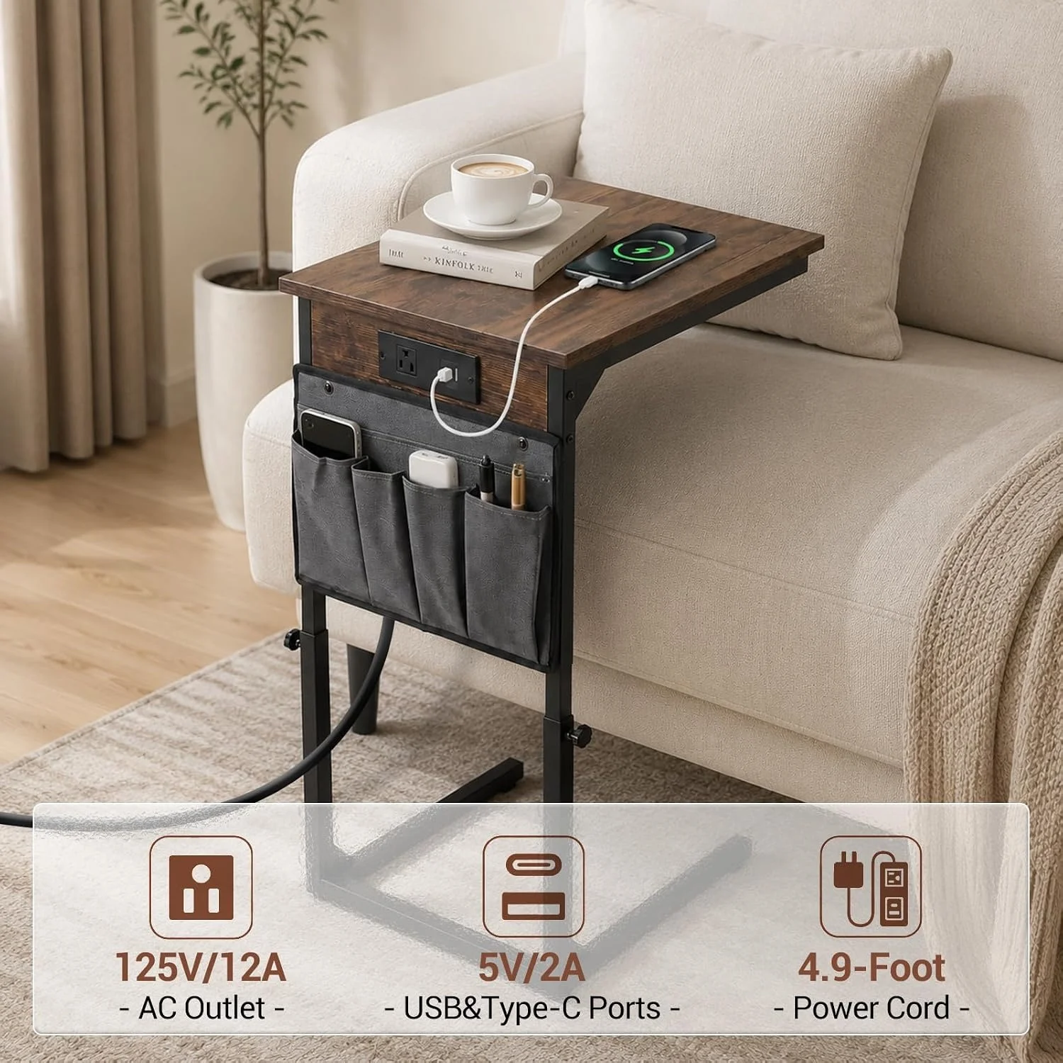 Height-Adjustable C-Shaped End Table with Side Pocket – Modern Space-Saving Sofa Table - Image 3