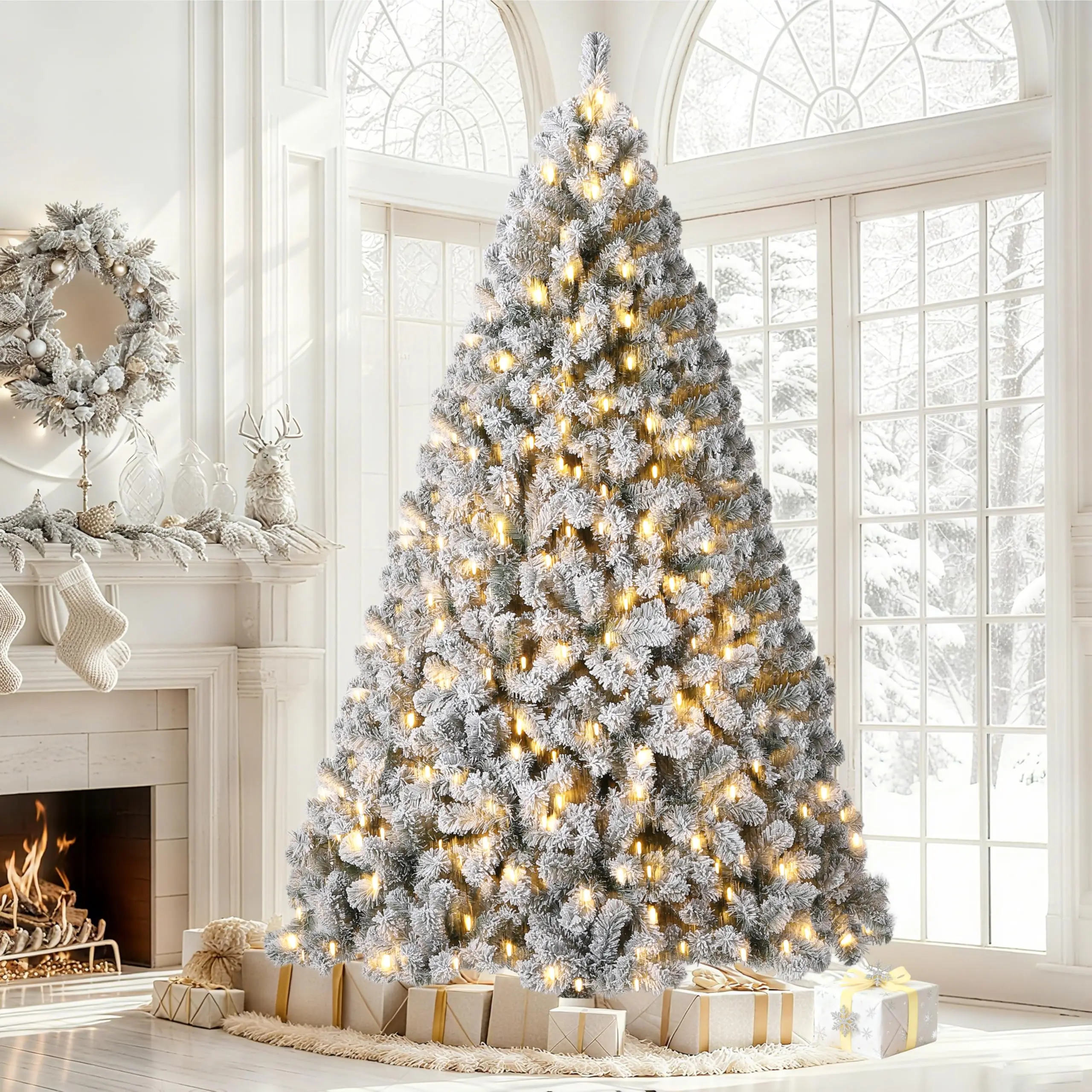 Snow-Flocked Pre-Lit Christmas Tree – 4.5 FT / 9 FT with 100 Lights - Image 1
