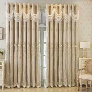 Luxury French Romantic Beige Blackout Curtains – 3D Floral Embroidery & Elegant Lace Valance - Thumbnail Image 6