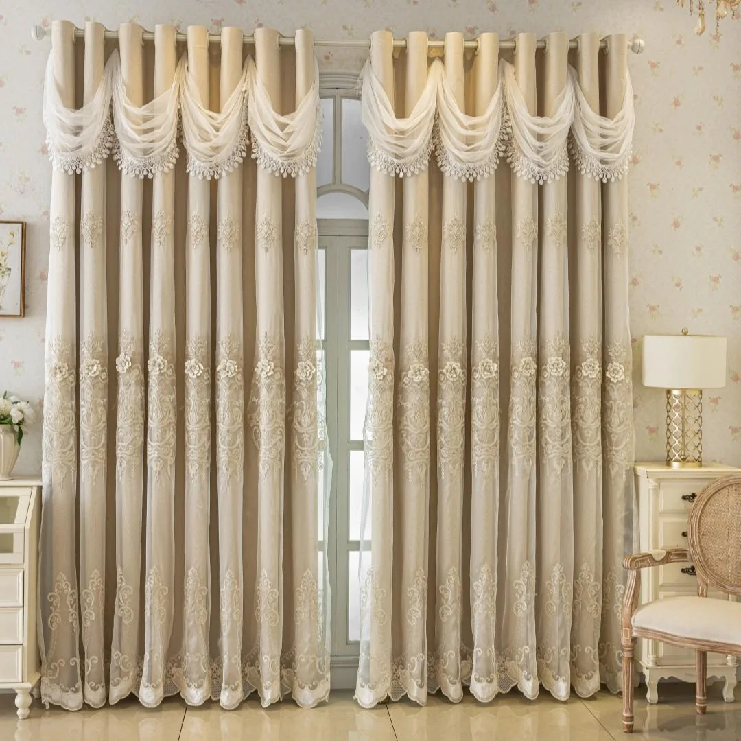 Luxury French Romantic Beige Blackout Curtains – 3D Floral Embroidery & Elegant Lace Valance - Image 6