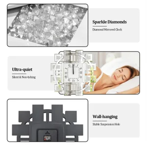 Elegant 24" Crushed Diamond Wall Clock – Silver Mirror Finish - Thumbnail Image 3