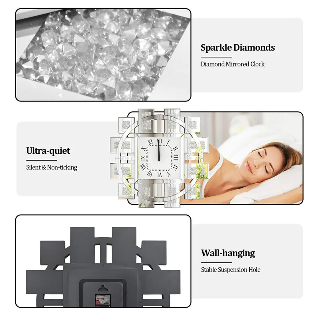 Elegant 24" Crushed Diamond Wall Clock – Silver Mirror Finish - Image 3