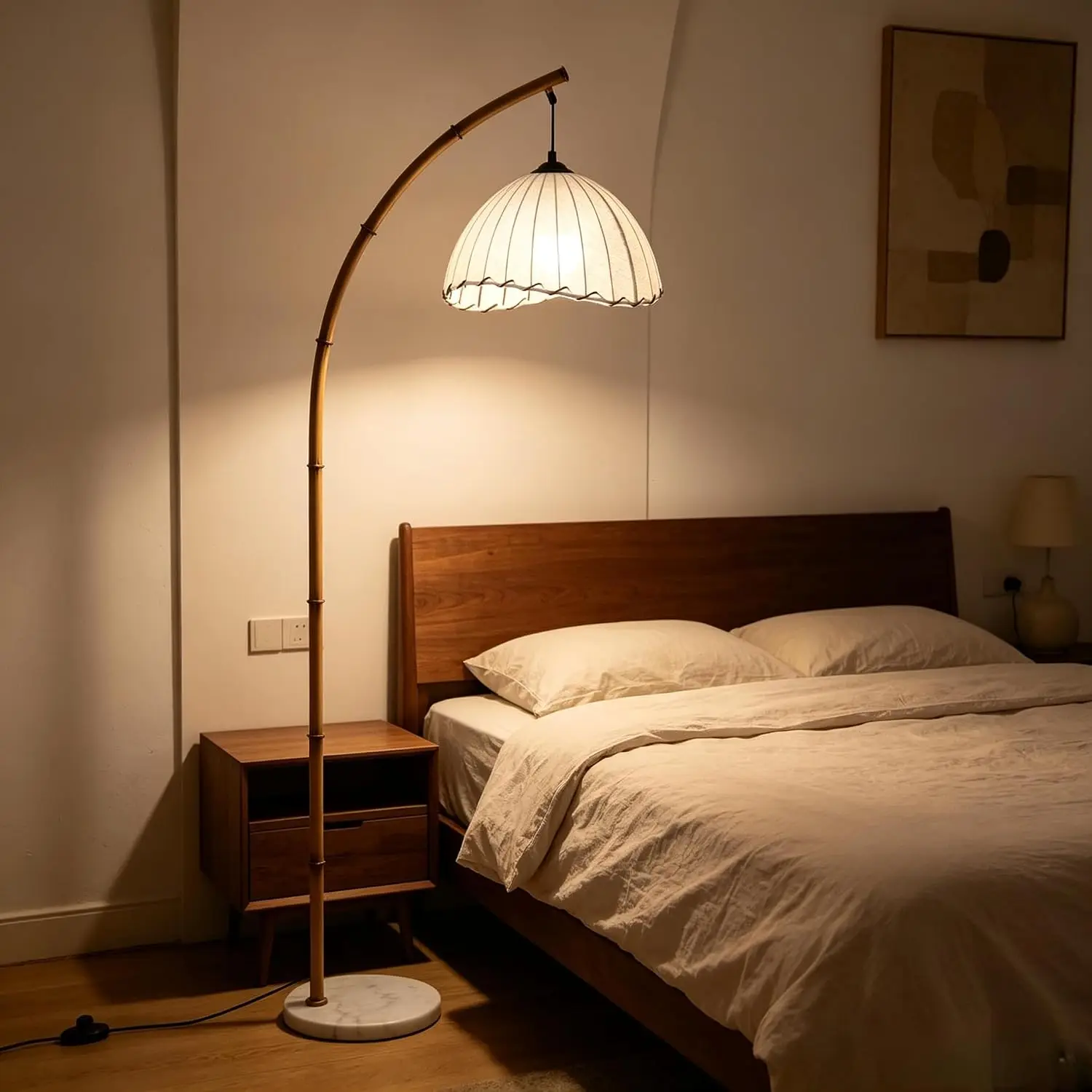 Wabi-Sabi Bamboo Arched Floor Lamp – Modern Pleated Shade with Marble Base & 3-Color LED Lighting - Image 1