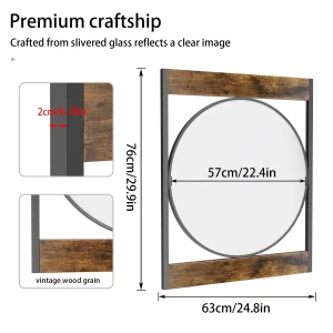 Industrial Metal & Wood Frame Wall Mirror – 63 × 76 CM Decorative Accent Mirror - Thumbnail Image 4