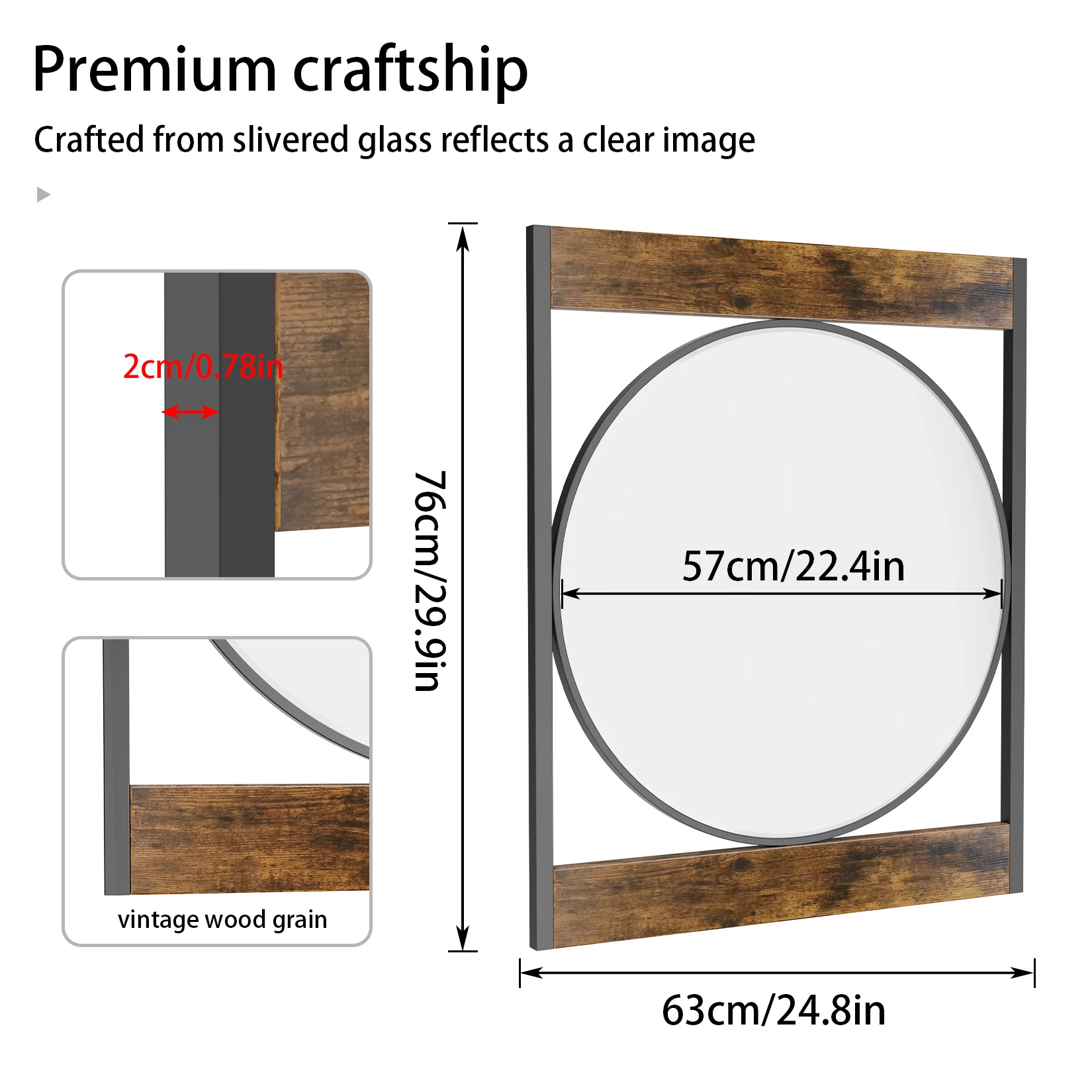 Industrial Metal & Wood Frame Wall Mirror – 63 × 76 CM Decorative Accent Mirror - Image 4